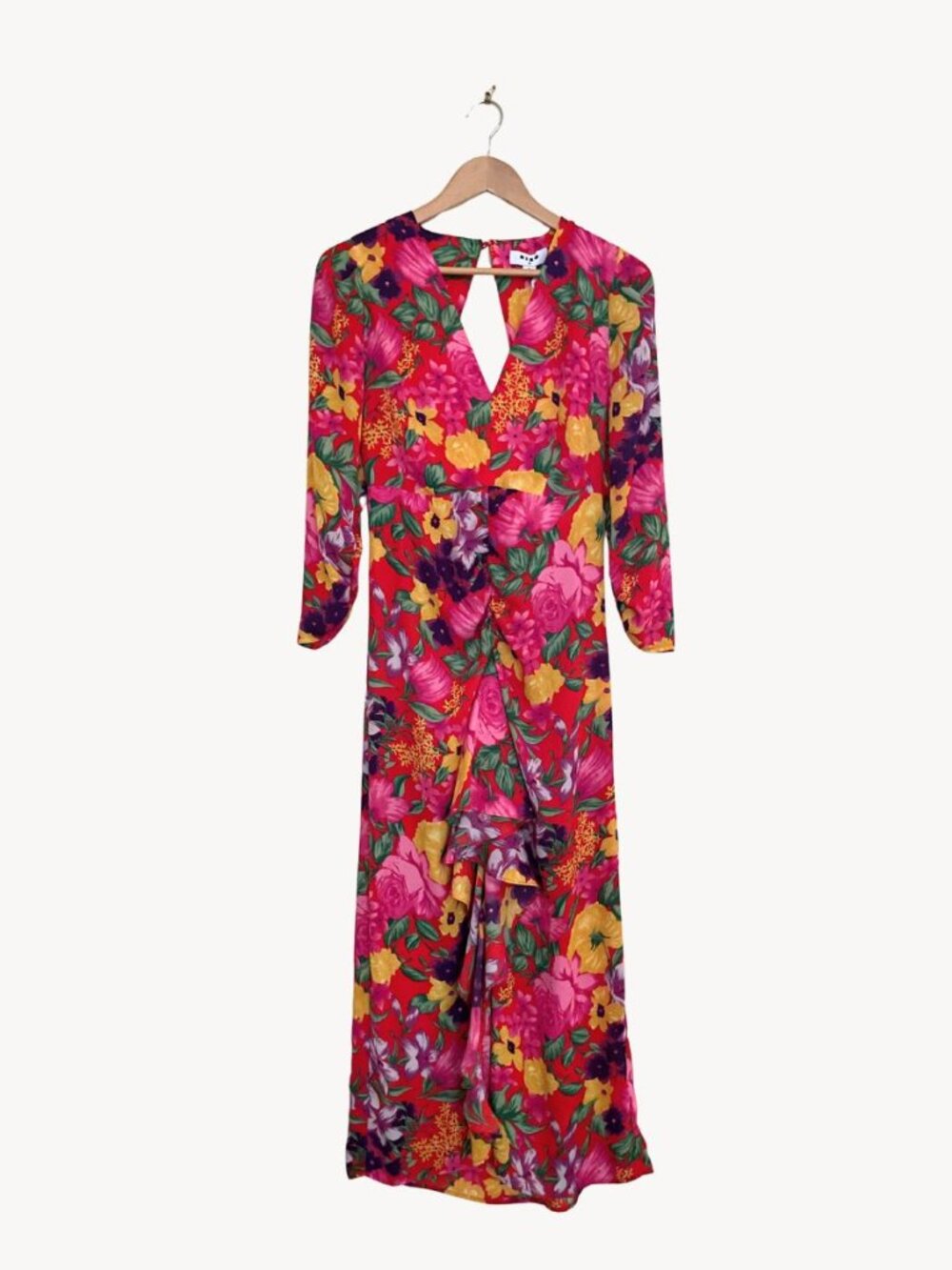 NWT RIXO x Target + Red and Pink Floral Open Back Cascade Ruffle Dress, Size: 4